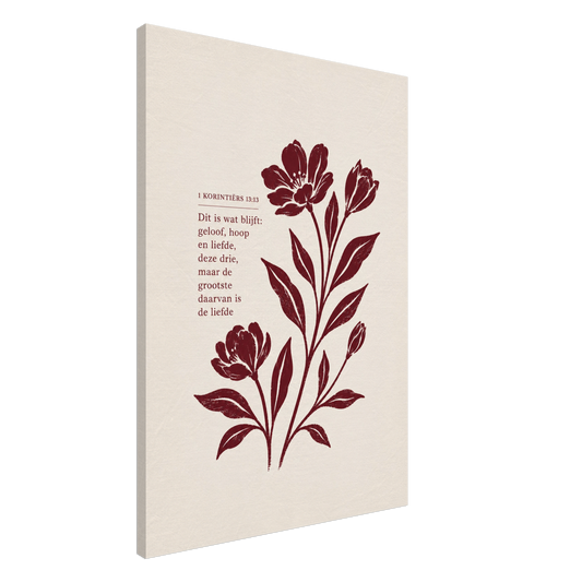 1 Korintiërs 13 christelijk canvas met botanisch ontwerp en rode bloemen – Grace Studio