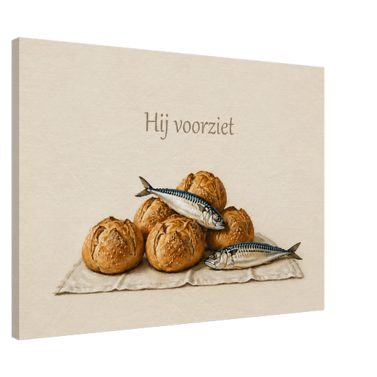 Hij voorziet christelijk canvas met brood en vis – Grace Studio