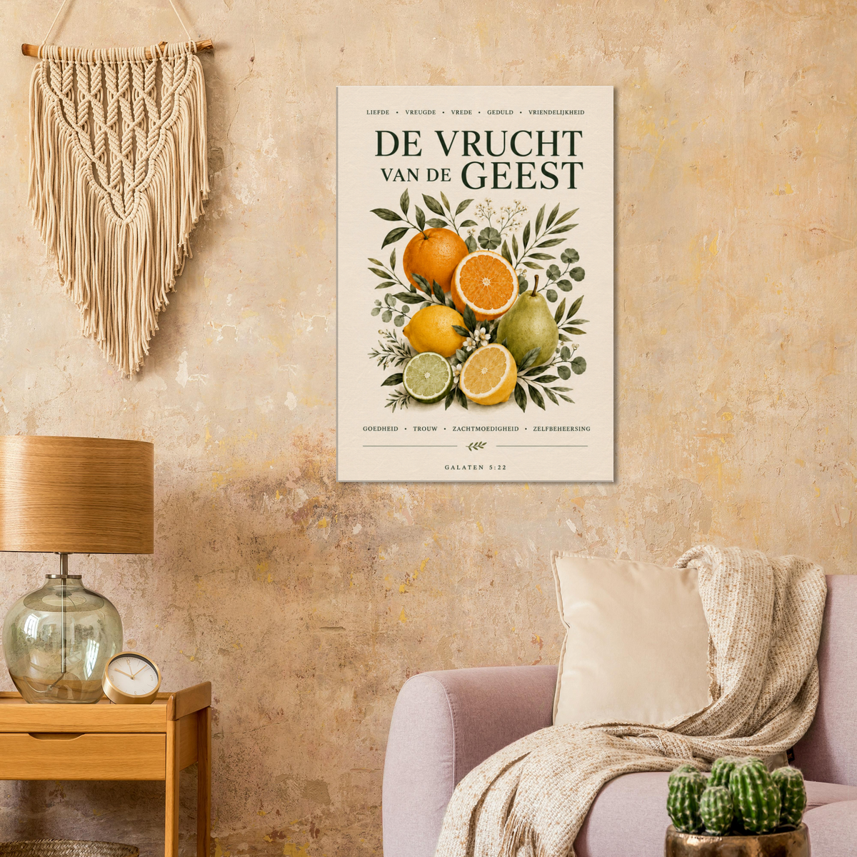 De vruchten van de Geest christelijk canvas met fruit en groene bladeren – Grace Studio
