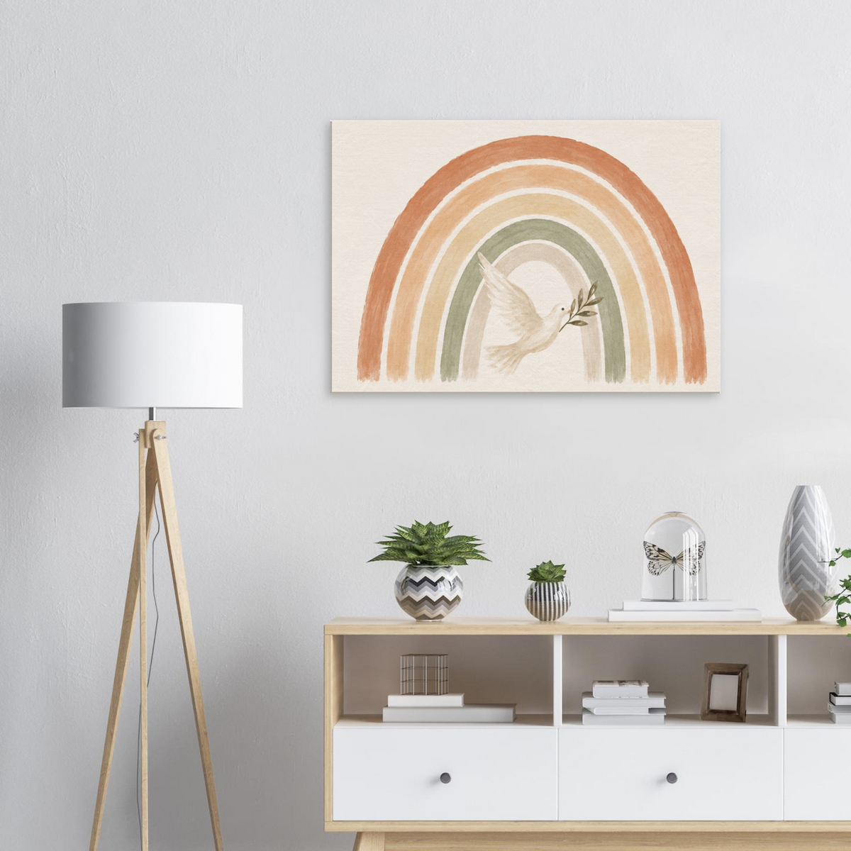 De Belofte christelijk canvas met regenboog en witte duif – Grace Studio