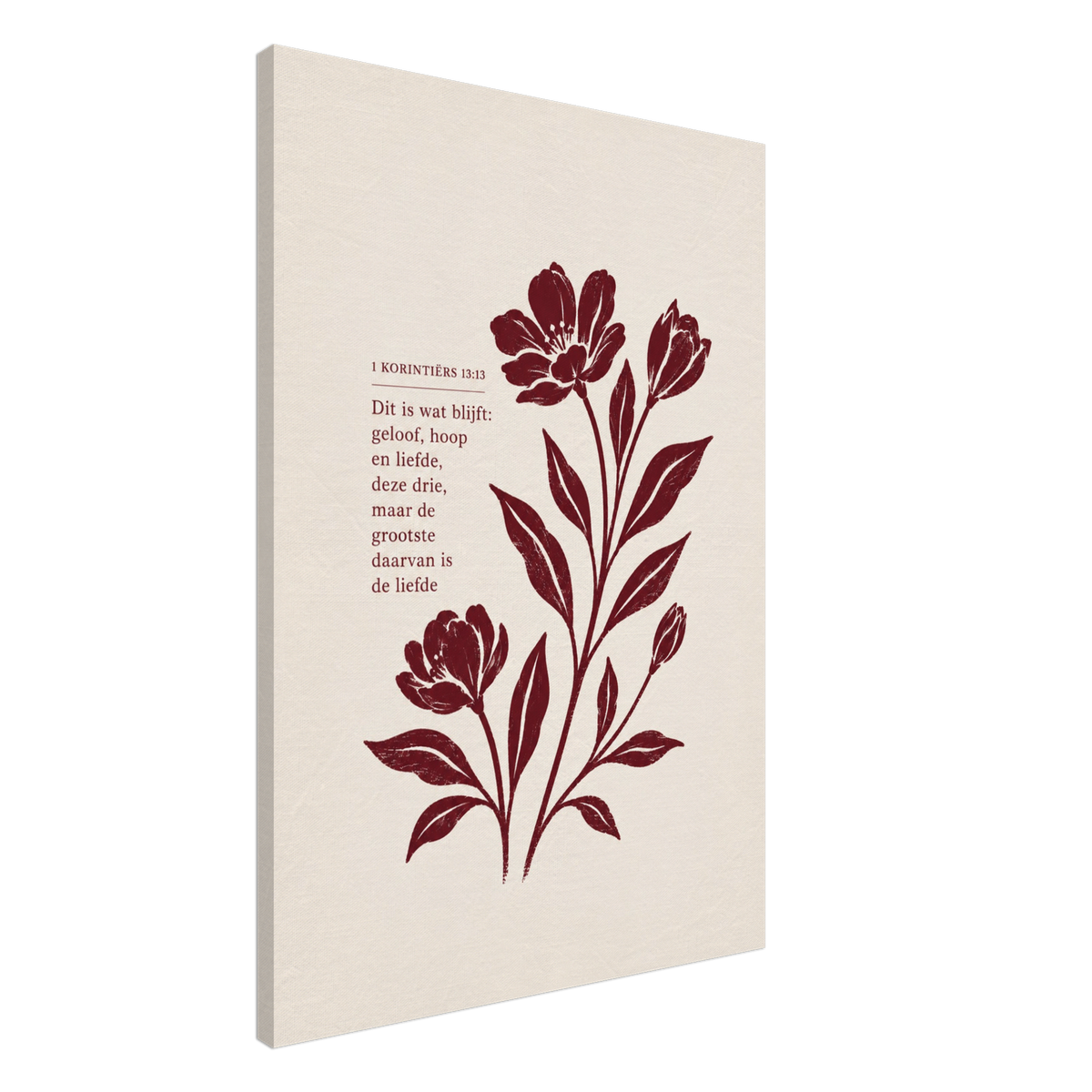 1 Korintiërs 13 christelijk canvas met botanisch ontwerp en rode bloemen – Grace Studio