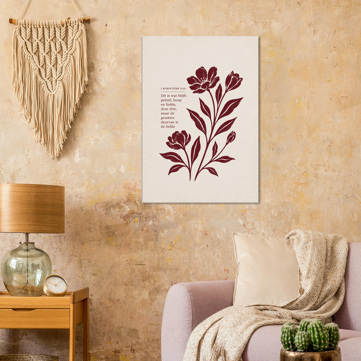 1 Korintiërs 13 christelijk canvas met botanisch ontwerp en rode bloemen – Grace Studio