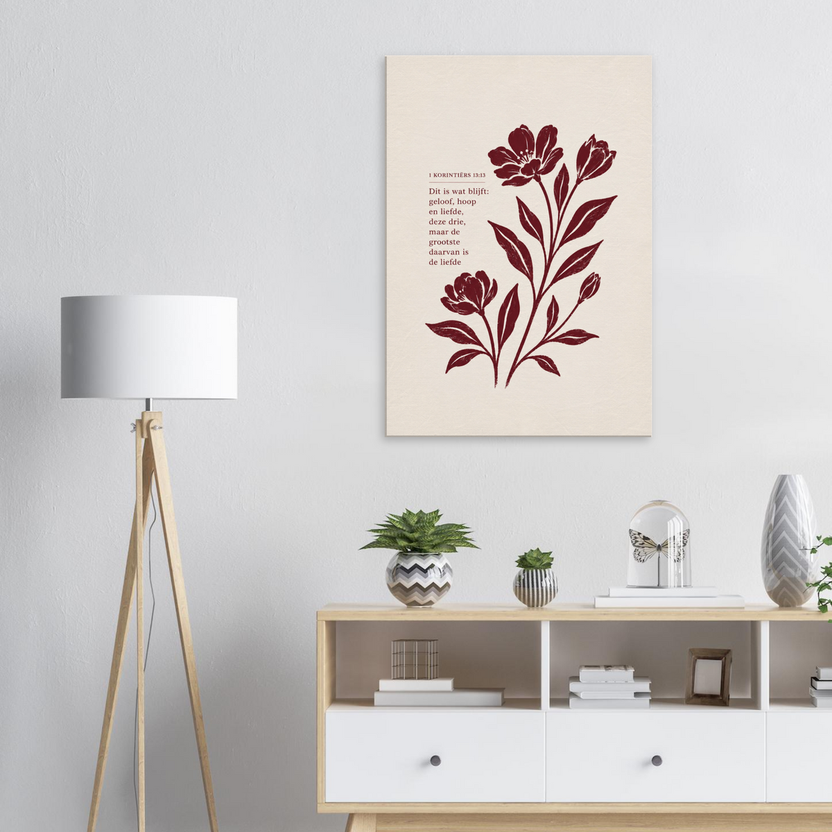 1 Korintiërs 13 christelijk canvas met botanisch ontwerp en rode bloemen – Grace Studio