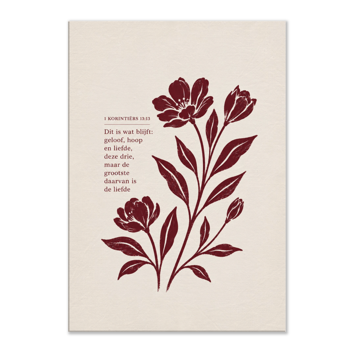 1 Korintiërs 13 christelijk canvas met botanisch ontwerp en rode bloemen – Grace Studio