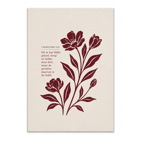 1 Korintiërs 13 christelijk canvas met botanisch ontwerp en rode bloemen – Grace Studio