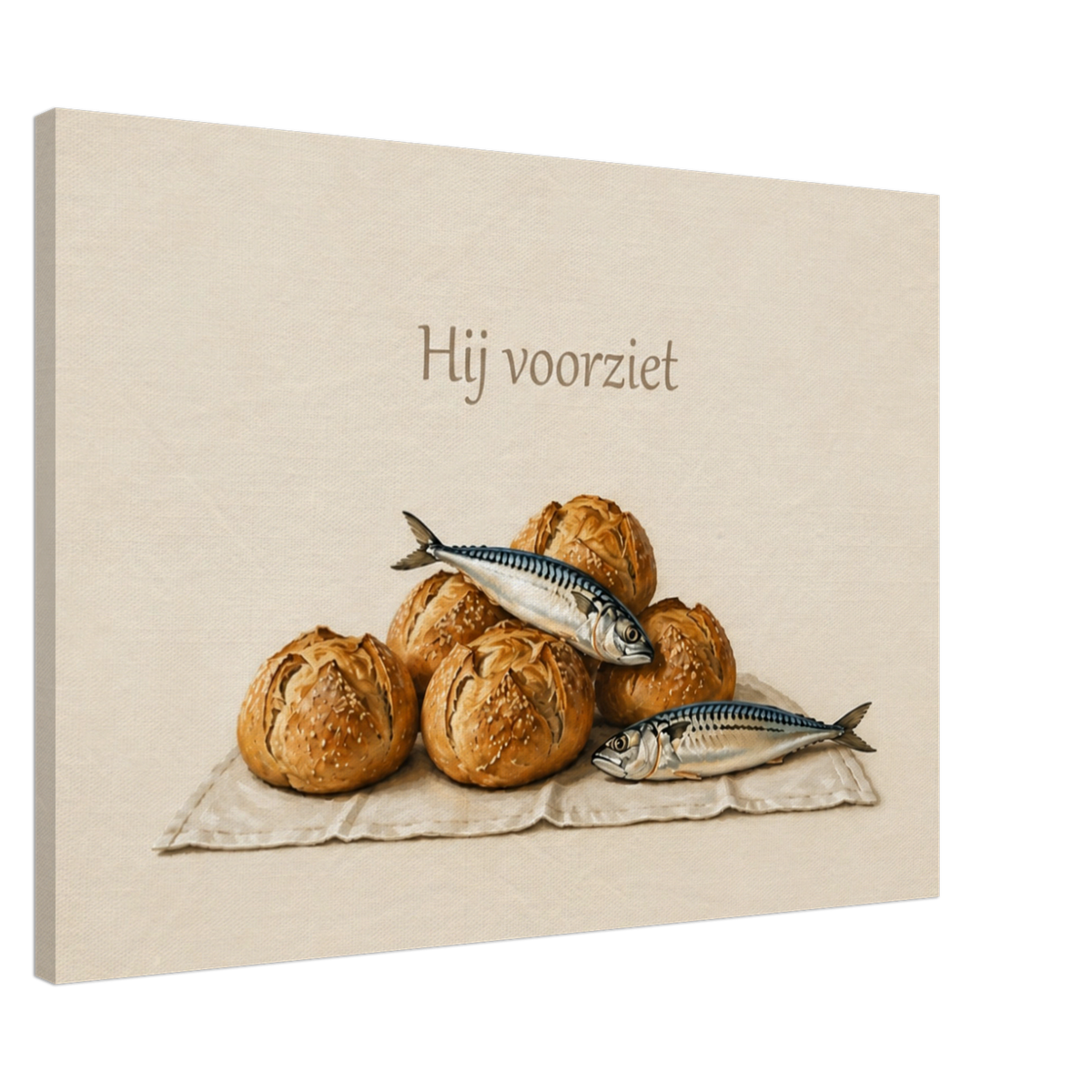 Hij voorziet christelijk canvas met brood en vis – Grace Studio