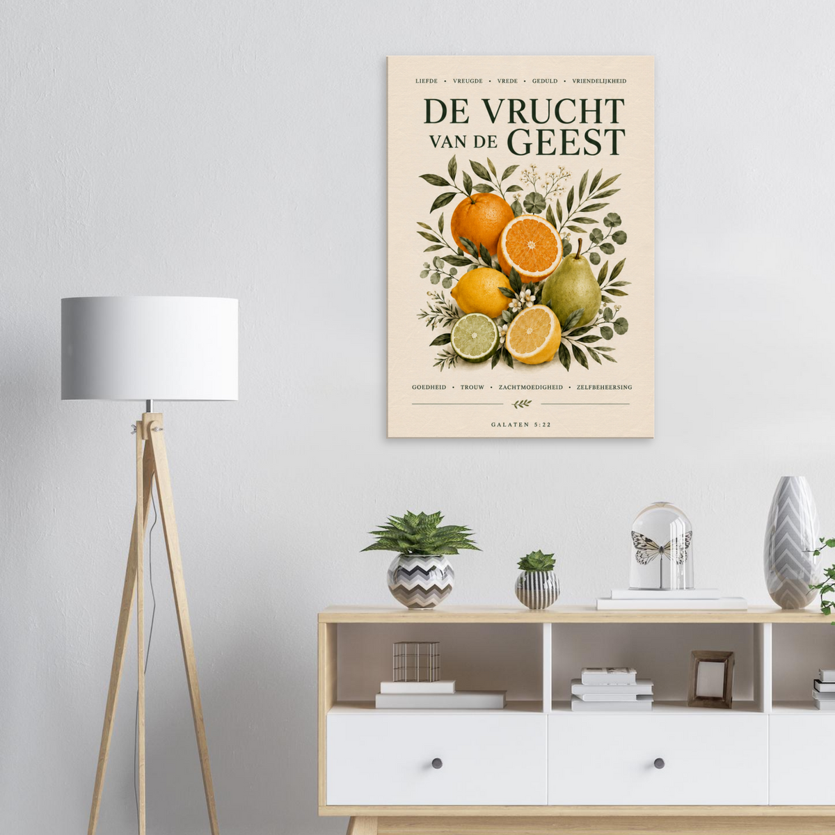 De vruchten van de Geest christelijk canvas met fruit en groene bladeren – Grace Studio