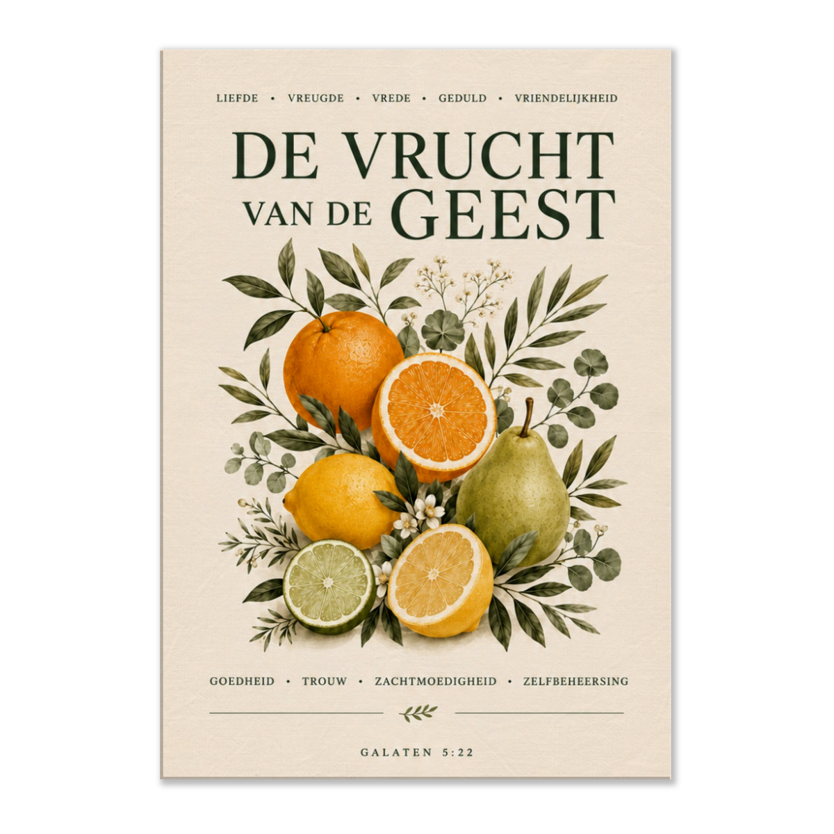 De vruchten van de Geest christelijk canvas met fruit en groene bladeren – Grace Studio