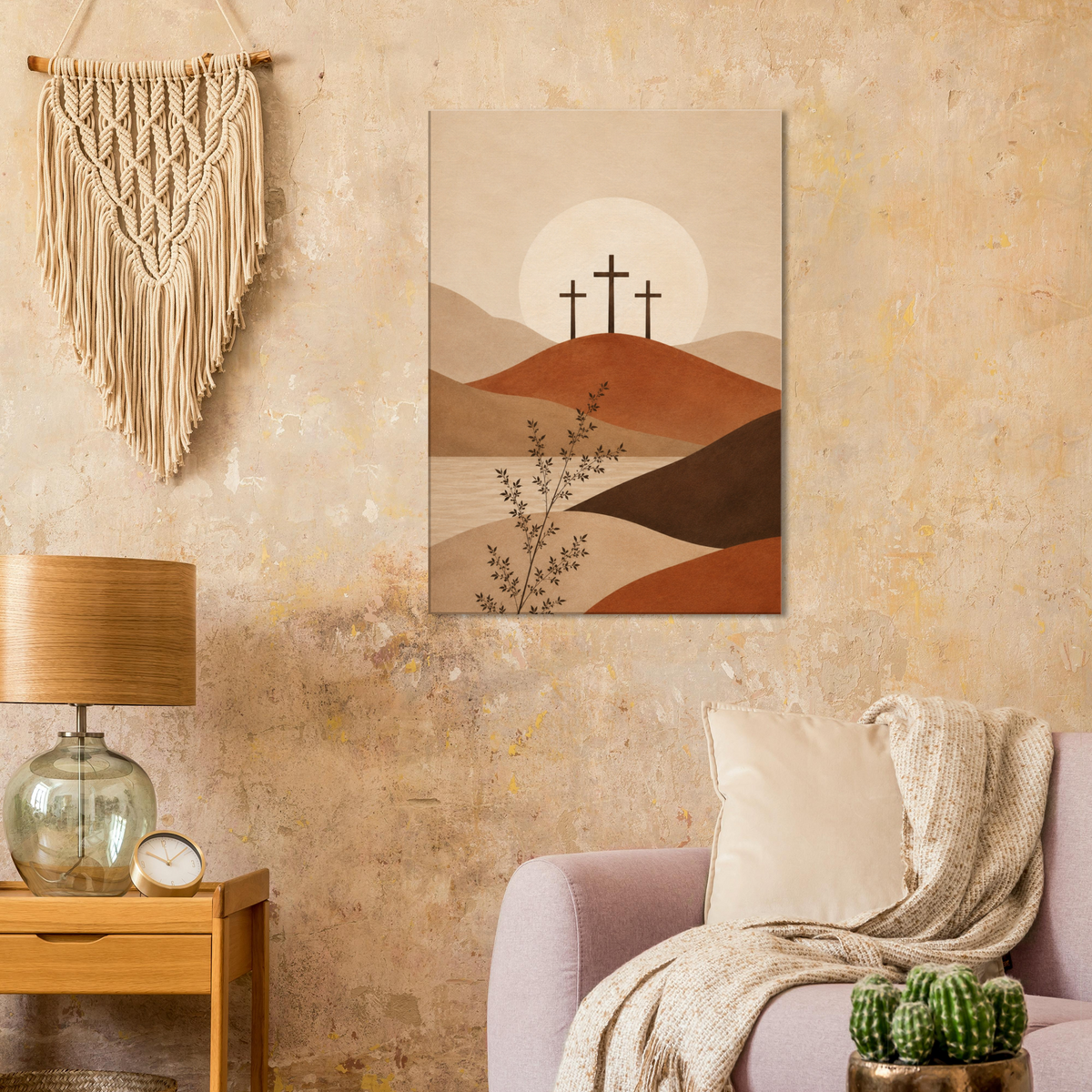 Het Kruis christelijk canvas met drie kruisen aan de horizon – Grace Studio