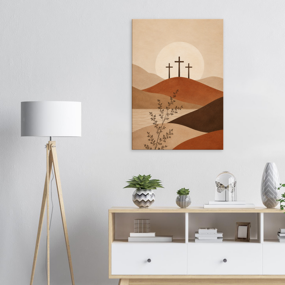 Het Kruis christelijk canvas met drie kruisen aan de horizon – Grace Studio