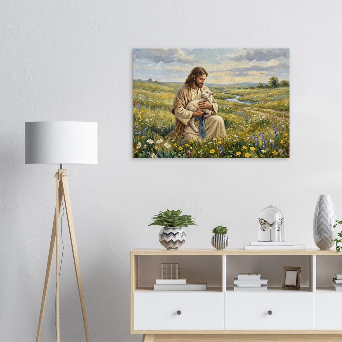 Jezus en het lam christelijk canvas met Jezus als de Goede Herder – Grace Studio