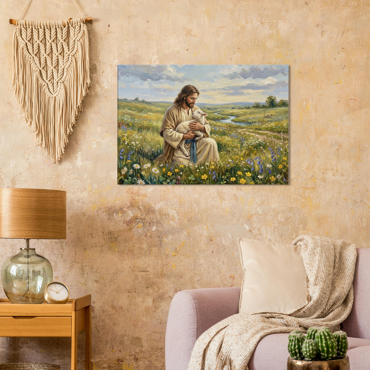 Jezus en het lam christelijk canvas met Jezus als de Goede Herder – Grace Studio
