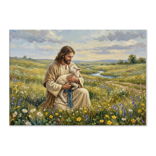 Jezus en het lam christelijk canvas met Jezus als de Goede Herder – Grace Studio