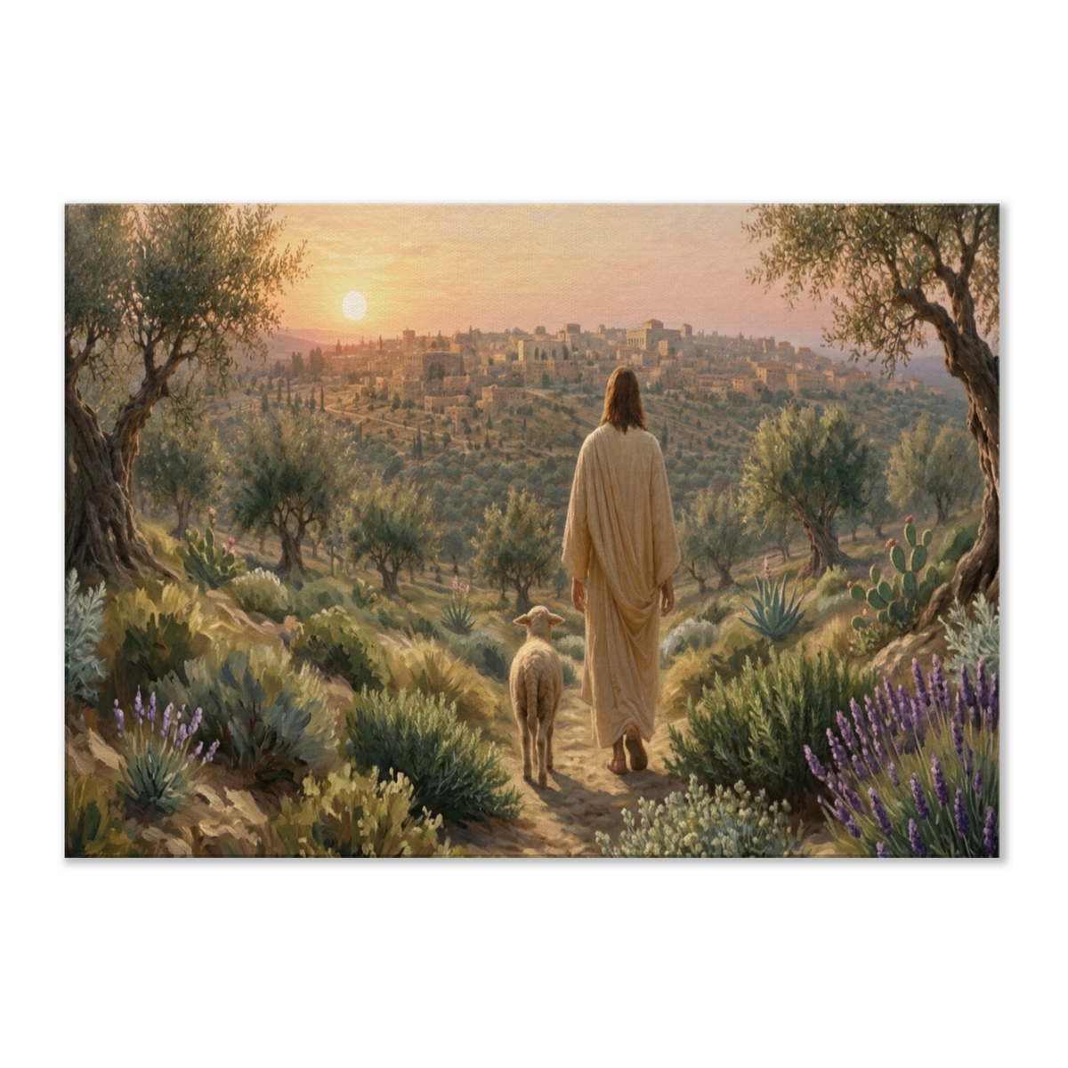 Jezus op de Olijfberg christelijk canvas met Jeruzalem op de achtergrond – Grace Studio