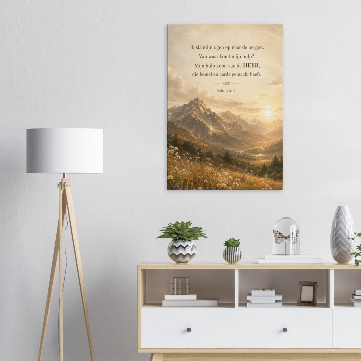 Psalm 121 christelijk canvas met berglandschap – Mijn hulp komt van de Heere – Grace Studio