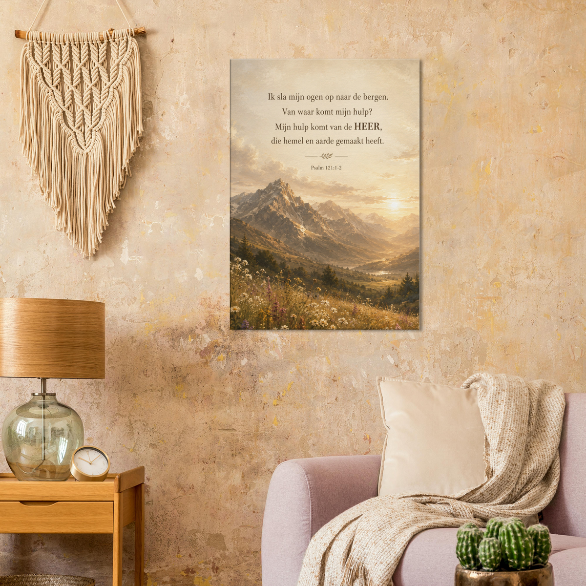 Psalm 121 christelijk canvas met berglandschap – Mijn hulp komt van de Heere – Grace Studio