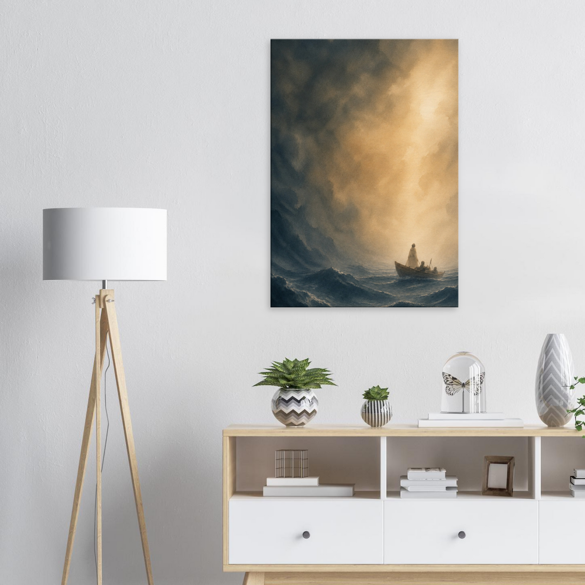Storm op het water christelijk canvas met boot op woelige zee – Grace Studio