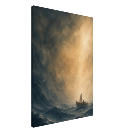 Storm op het water christelijk canvas met boot op woelige zee – Grace Studio