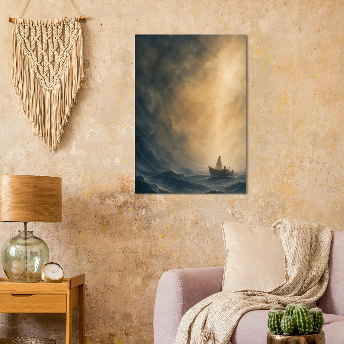 Storm op het water christelijk canvas met boot op woelige zee – Grace Studio