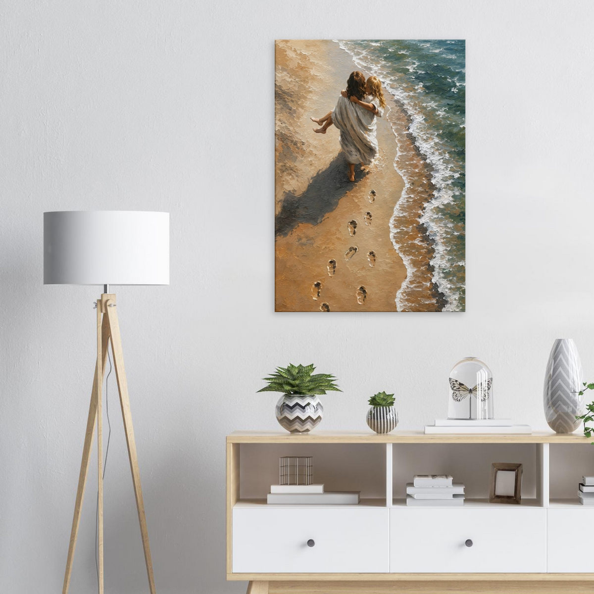 Voetstappen in het zand christelijk canvas met voetstappen langs de kust – Grace Studio