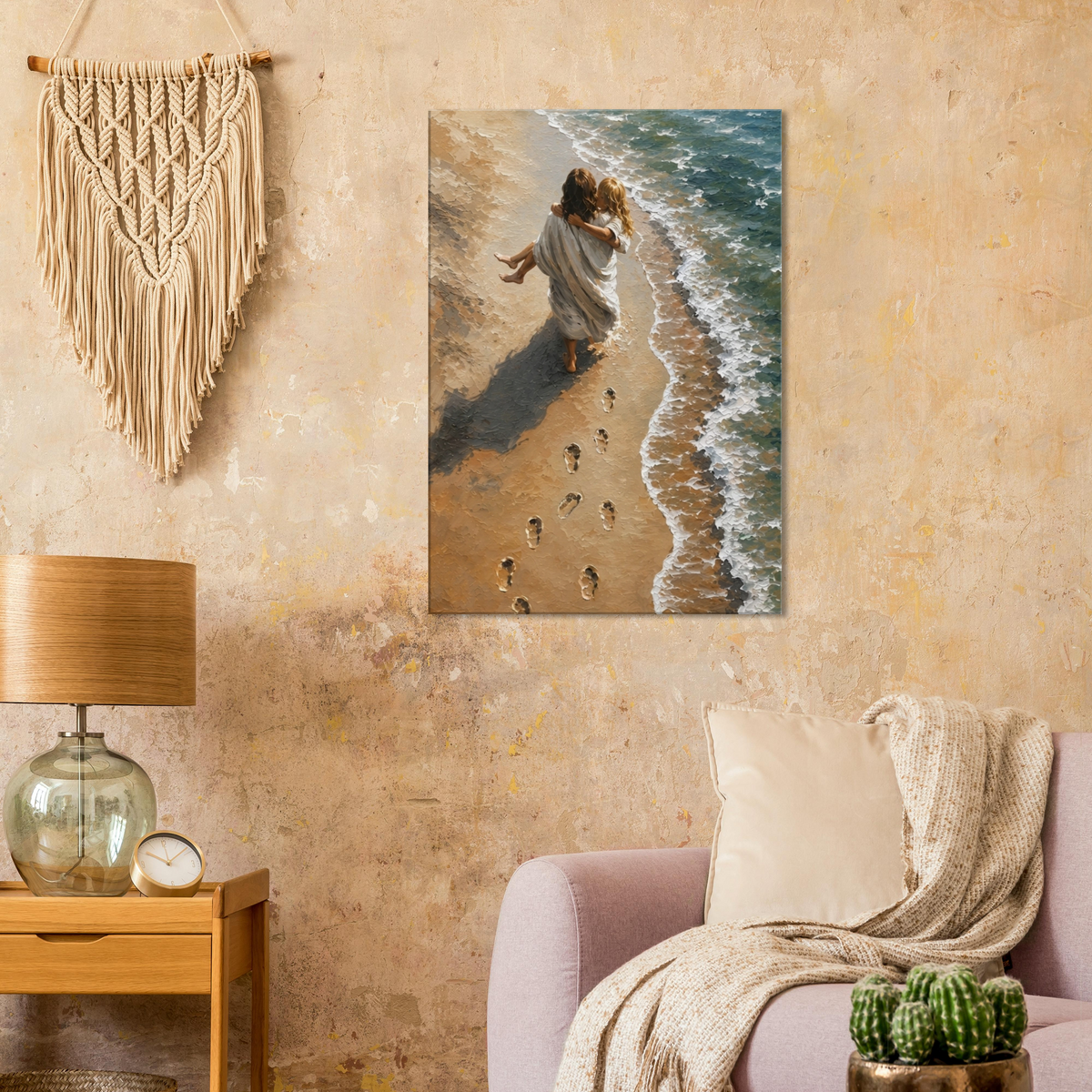 Voetstappen in het zand christelijk canvas met voetstappen langs de kust – Grace Studio