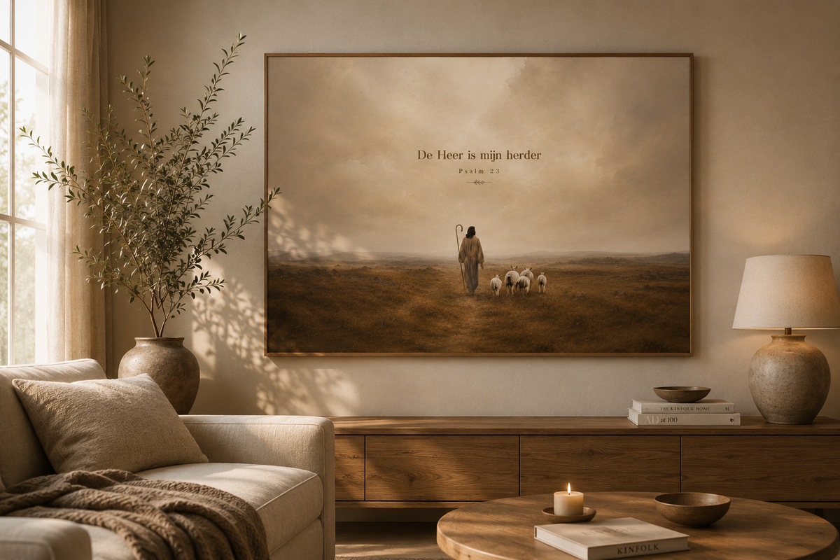 Psalm 23 De Heer is mijn herder op canvas in een sfeervolle woonkamer