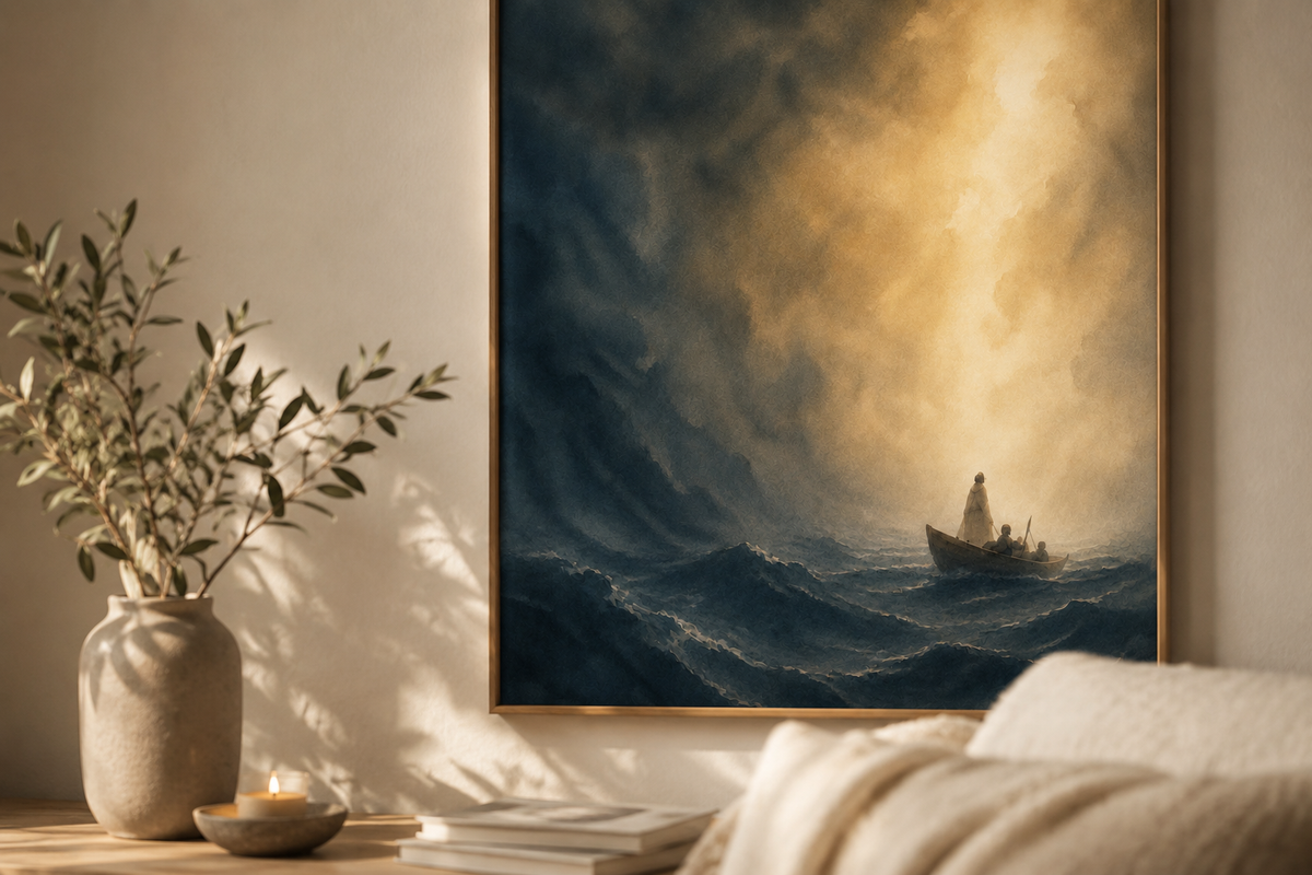 Christelijke kunst Storm op het water op canvas in een sfeervolle, neutrale woonkamer