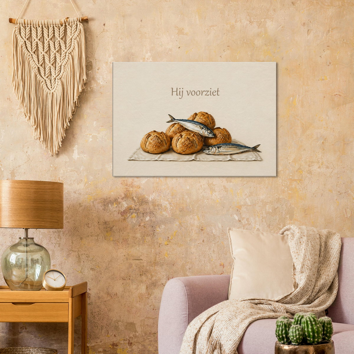 Hij voorziet christelijk canvas met brood en vis – Grace Studio