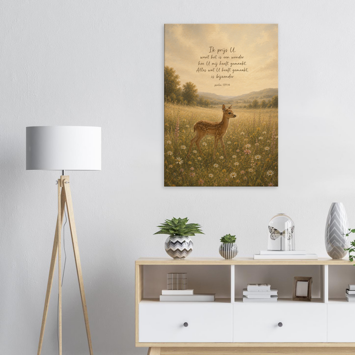 Psalm 139 christelijk canvas met hert in landschap – U doorgrondt en kent mij – Grace Studio