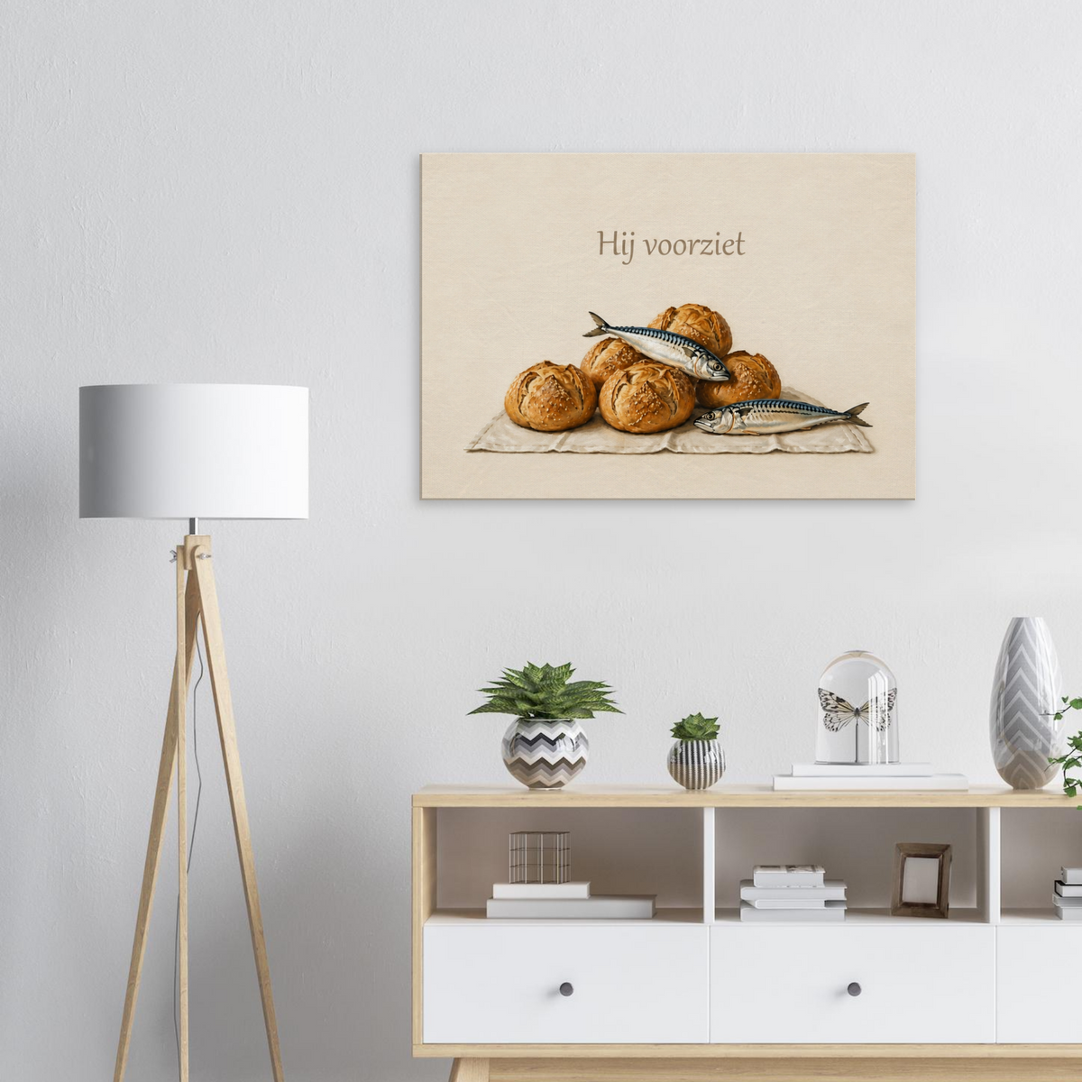 Hij voorziet christelijk canvas met brood en vis – Grace Studio