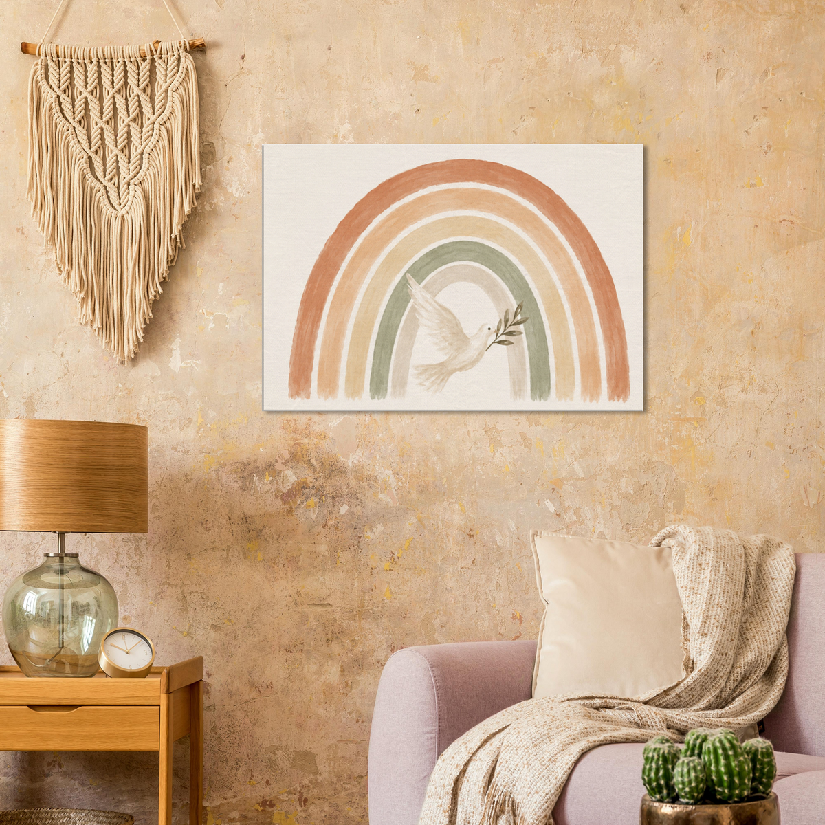 De Belofte christelijk canvas met regenboog en witte duif – Grace Studio