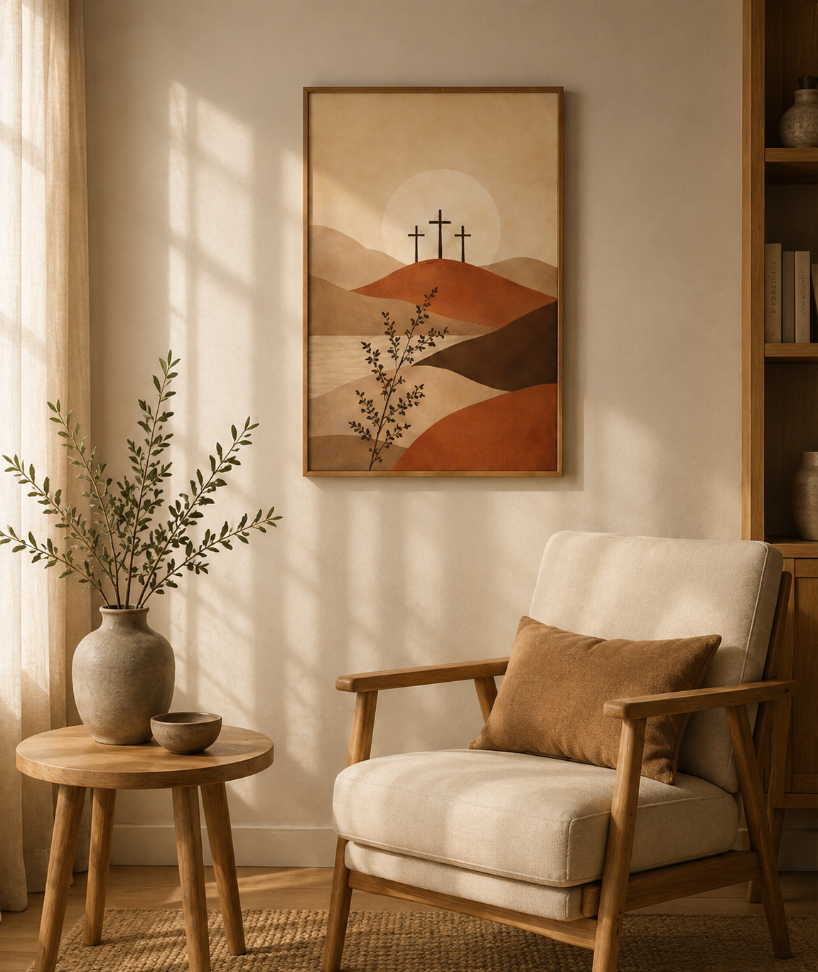 Christelijke kunst Het Kruis op canvas in een sfeervolle woonkamer